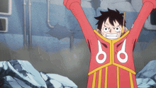 a cartoon character is wearing a red and yellow outfit with the number 66 on the chest