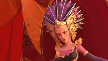 a cartoon character with a purple and gold headpiece
