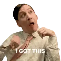 a man in a plaid shirt and tie points at the camera with the words " i got this " written below him