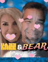 a man and a woman with hearts on their faces and the words kate & bear on the bottom