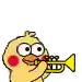 a cartoon chicken is playing a trumpet with a red nose .