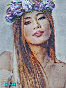 a painting of a woman wearing a flower crown with g + m 14 written below her