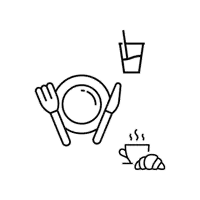 a black and white drawing of a plate , fork , knife , cup of coffee and a drink with a straw