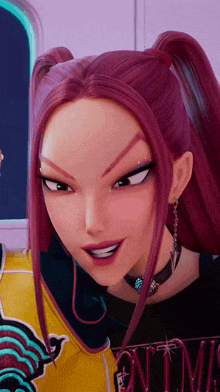 a cartoon girl with pink hair is wearing a yellow jacket and a black shirt with the word optimus on it
