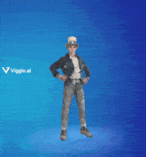 a man is dancing in front of a blue background with a cross and the name viggle on the bottom
