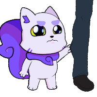 a cartoon cat with a purple tail is standing next to a man 's leg