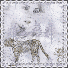 a picture of a woman and a leopard with a snowy background