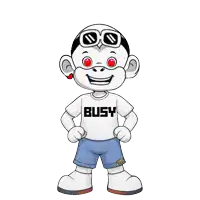 a cartoon character wearing a white shirt that says busy
