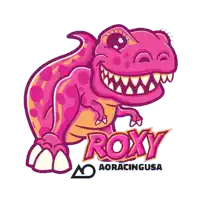 a cartoon illustration of a pink t-rex with the name roxy on it