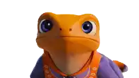 a cartoon lizard with blue eyes is wearing a purple and orange outfit
