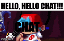 a cartoon character with the words hello hello chat