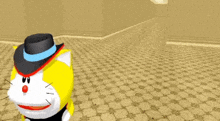 a yellow and white cartoon character wearing a black top hat and a red nose .