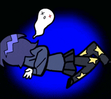 a cartoon drawing of a person laying down with a speech bubble that says x + o