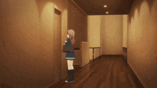 a girl in a school uniform stands in a hallway looking out a door