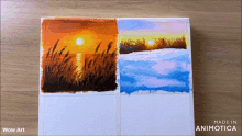 a painting of a sunset and a painting of a snowy landscape are both made by wow art
