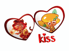 a couple of hearts with the word kiss in red