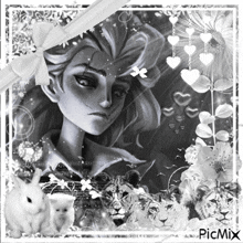 a black and white photo of a girl with a rabbit and a lion with the picmix watermark
