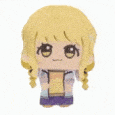 a little girl with blonde hair and pigtails is wearing a purple and blue outfit .