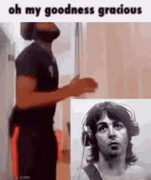 a man wearing headphones is standing next to a picture of paul mccartney in a black and white photo .