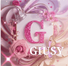 a pink letter g is surrounded by pink roses