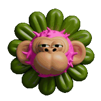 a cartoon monkey is surrounded by green leaves and has a pink nose