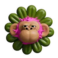 a cartoon monkey is surrounded by green leaves and has a pink nose