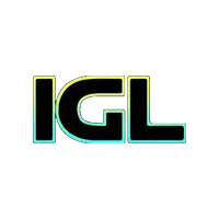 the word igl is on a white background with a yellow and blue border