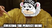 a cartoon bear wearing a kimba hat is sitting at a table with glasses
