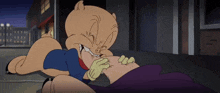 a cartoon character is biting another cartoon character 's leg .