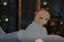 a computer generated image of a girl laying down with a lantern in the background
