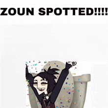 a cartoon of a girl on a toilet with the words zoun spotted