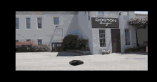a white building with a black sign that says boston burger on it