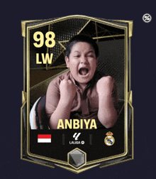 a card with a boy on it that says 98 lw and anbiya