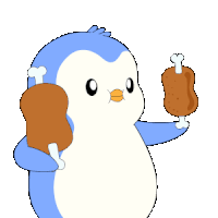 a cartoon penguin is eating a piece of meat