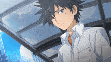 a boy with black hair and a white shirt stands under a roof