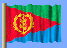 a red green and blue flag with a gold laurel wreath on it