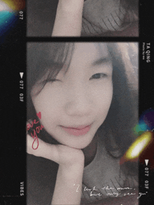 a photo of a girl with the words love you written on her face