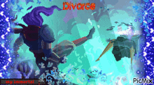 a pixel art of a man and woman with the word divorce written above them