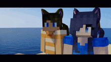 two minecraft characters are standing next to each other in front of the ocean