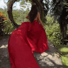 a woman in a red dress is walking through a lush green forest