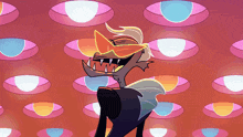a cartoon character wearing sunglasses stands in front of many eyes