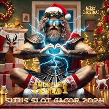 an advertisement for situs slot gacor shows a man wearing a santa hat
