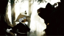 a cartoon of an eagle in a samurai costume standing next to a bear .