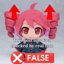 a picture of a stuffed doll with the words " this post was fact checked by real teto " on it