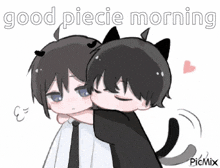 a couple of anime characters hugging each other with the words `` good piece morning '' .
