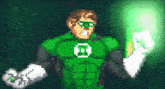 a pixel art drawing of a green lantern holding a green light
