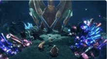 a group of people are standing in front of a dragon in a video game surrounded by crystals .