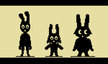 a pixel art of three rabbits with horns