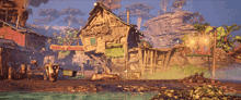 a video game scene with a shack in the middle