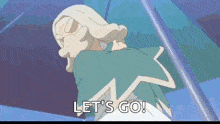 a cartoon character is holding an umbrella and says let 's go .